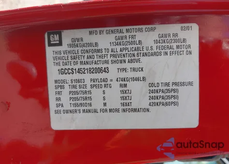 2001 Chevrolet S-10 Ls from USA, damaged, VIN 1GCCS145218200643